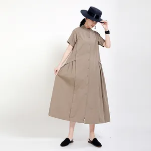 Venda quente vestido de verão 2021 do sexo feminino novo senso de design Japonês cor sólida de algodão de linho costura irregular balanço grande vestido de 1398