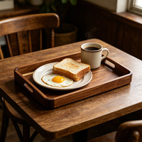 Plateau de service en bois d'acacia personnalisé, plateau de service en bois avec poignées découpées, plateau rectangulaire en bois pour le café
