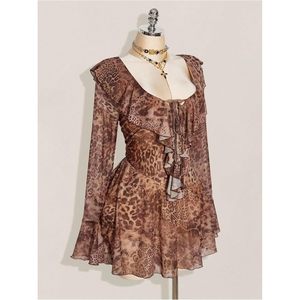 Robe courte en mousseline de soie à imprimé léopard pour femmes FOXA, taille plus, manches cloche, style vintage, pour les vacances - Product Image 3