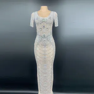 אופנה חדשה ארוך שמלות קצר שרוולים כבד ריינסטון חרוזים לנשף שמלה ללא שרוולים סקסי שמלת ערב