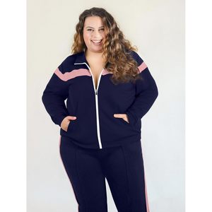 Ensemble de survêtement 2 pièces pour femmes FOXA, taille plus, veste zippée, pantalon de survêtement, couleurs contrastées, bande latérale, vêtements décontractés - Product Image 2