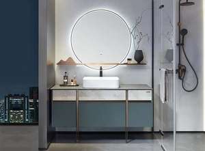 <span class=keywords><strong>Meuble</strong></span>-lavabo mural flottant moderne en PVC beige de style transitoire, étanche, avec vasque et miroir - Product Image 6