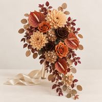 Buket Pengantin Buatan Warna Cokelat Oranye, Bunga Mawar Sutra dan Peony Campuran, Buatan Tangan, Realistis, Vintage, Rustic untuk Pernikahan
