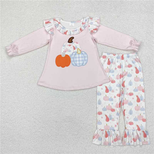RTS NO MOQ Little Girl Boutique azul Calabaza bordado otoño trajes niños al por mayor niño niña Día de Acción de Gracias ropa infantil - Product Image 3