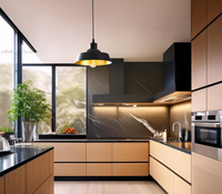 Meubles de cuisine modernes personnalisables en bois massif à panneaux plats, finition laquée, avec évier, crédence et robinet, pour villas