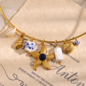 Collar Artesanal Retro <span class=keywords><strong>con</strong></span> Estrella de Mar 3D, Cuentas de Porcelana y Acero Inoxidable, Dijes de Concha, Temática Náutica, Chapado en Oro - Product Image 1