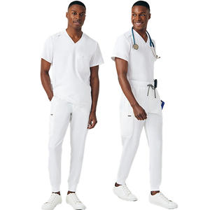 Scrubs d'infirmière à la mode de style médecin pour hommes, tissu tissé extensible à manches courtes, couleur de <span class=keywords><strong>fond</strong></span> uniforme pour usage hospitalier, OEM - Product Image 1