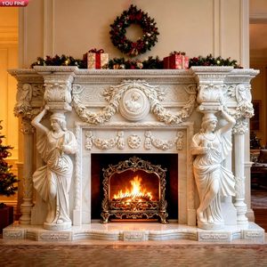 Marco de <span class=keywords><strong>Chimenea</strong></span> de Mármol Tallado Antiguo de Estilo Clásico de Lujo para Villa Personalizada YOUFINE con Columnas con Estatua de Dama - Product Image 1