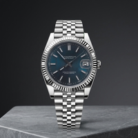 Montre de plongée Dayjust en acier inoxydable, cadran argenté, index bleu marine, bracelet Jubilee 20mm, logo S, mouvement NH35, verre saphir, étanche 50 bars