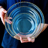 Assiettes de présentation rondes en verre transparent avec bordure perlée dorée, style européen, pour mariages, anniversaires, décorations de fête, emballage personnalisé, MOQ 100 pièces