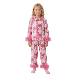 Girls Pink Striped Santa Pajama Set Pants Character Print Fuzzy Trim Eco-Friendly Spandex/Polyester Comfortable Sleepwear - Product Image 6