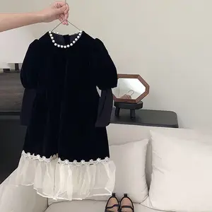 2-7 tuổi mùa thu ren chắp vá cô bé công chúa ăn mặc màu đen cổ điển Cô gái smock Dresses trẻ em quần áo Nhà cung cấp nhung dài Ăn mặc