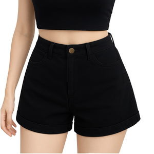 Shorts en toile blanche taille haute pour femme, cinq poches, fermeture boutonnée, style décontracté, coupe classique, couleur unie, tissu tissé - Product Image 2