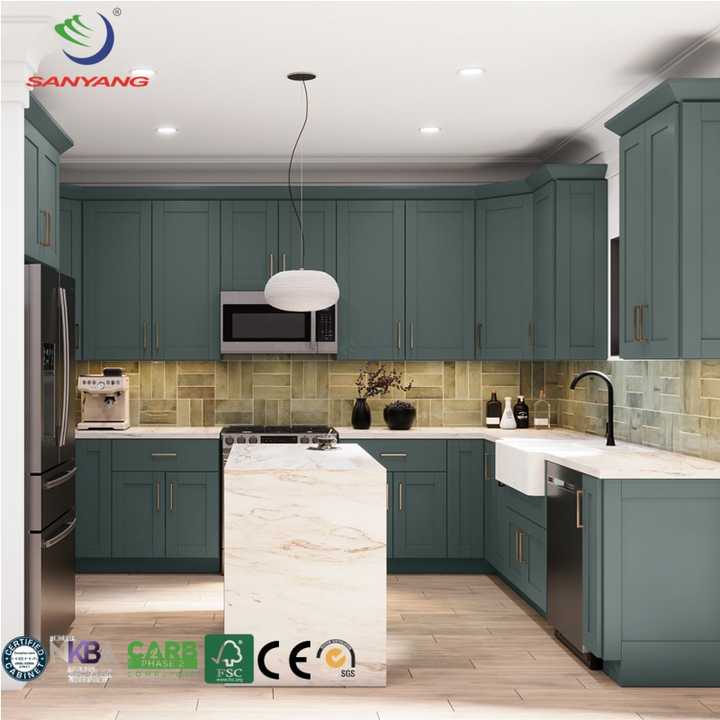 Modern Custom Color RTA Solid Wood Slim Shaker Green Kitchen Cabinets ...