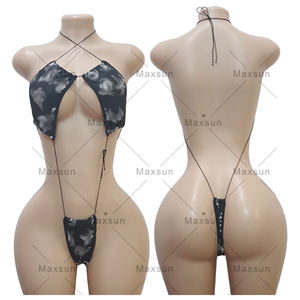 Maxsun Stripper Trajes Ropa de baile Cuerpo exótico Sexy Chica Medias Discoteca Halter <span class=keywords><strong>Tanga</strong></span> Estampado Sexy Bikini de una pieza Ropa de baile - Product Image 1