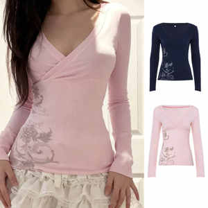 Camiseta de Manga Larga con Cuello en V Cruzado para Mujer, Estampado Floral, Ajustada, Elástica, Informal, para Todas las Temporadas - Product Image 1