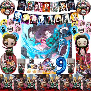 Décoration de fête d'anniversaire <span class=keywords><strong>Demon</strong></span> <span class=keywords><strong>Slayer</strong></span> : couverts, assiettes, gobelets, bannière, décoration de gâteau, drapeau suspendu, carte d'invitation, sac cadeau, ballons - Product Image 1