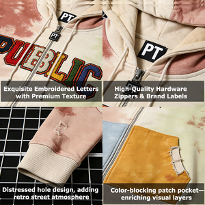 ผู้ผลิตเสื้อผ้า ODM/OEM รับผลิตเสื้อฮู้ดดี้แบบสวมหัว ยูนิเซ็กซ์ ผ้าฝ้าย 100% ปักลายเชนีล แต่งย้อมสีแบบไทได ซิปหน้า สไตล์ดิสเทรส - Product Image 2