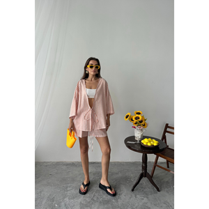 Conjunto de túnica y pantalones cortos a rayas naranjas, conjunto informal de verano para mujer, talla S, ajuste holgado - Product Image 2