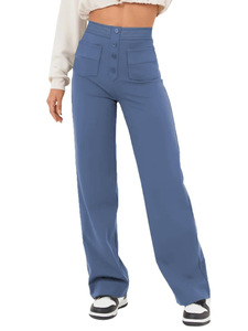 Pantalones de Mujer Estilo Europeo Americano, Cintura Alta, Bolsillos <span class=keywords><strong>con</strong></span> Solapa, Cintura Elástica <span class=keywords><strong>con</strong></span> <span class=keywords><strong>Botones</strong></span>, Diseño Casual Holgado de Pierna Ancha para Otoño - Product Image 5