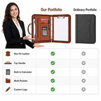 Porte-documents A4 en cuir avec fermeture éclair et poignée, classeur à 4 anneaux, calculatrice, sac à documents professionnel en cuir PU ciré de qualité supérieure, avec logo personnalisé