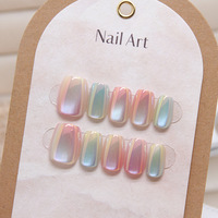 Faux ongles à presser en acrylique ABS, courts, carrés, 3D, effet œil de chat chromé, style français simple, réutilisables, en gros