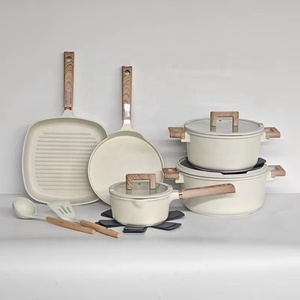 Ensemble de batterie de cuisine 13 pièces en aluminium épaissi avec revêtement antiadhésif en granit, poignées en bois doux au toucher et compatible induction, avec poêle carrée - Vente en gros - Product Image 1