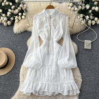 Robe Courte Élégante en Chiffon pour Femme WIWT, Col Montant, Manches Longues Lanterne, Ourlet Volanté, Idéale pour Soirées Décontractées