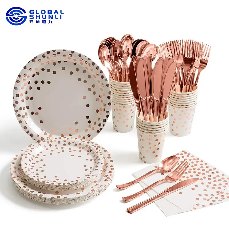 Shunli Rose Gold Party Supplies Dot Disposable Party Dinnerware Rose Gold Paper Plates Napkins Cups for Graduation Birthday