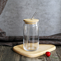 Tasse à bière en forme de boîte transparente en verre borosilicaté de 16oz 480ml bouteille en verre d'eau potable directe avec couvercle en bambou