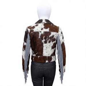 Genuine Cowhide <b>Leather</b> Winter Jacket <b>with</b> Fringes Western Style Brown and White <b>Fur</b> Biker <b>Coat</b> Handmade Women's <b>Fur</b> <b>Coat</b> - Product Image 2