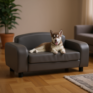 Sofá para Perros en Cuero Sintético Gris, Madera de Abeto Sólida, Mueble Resistente para Mascotas, para Perros Medianos, Estilo Moderno para Interiores - Product Image 2