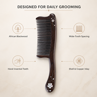 Peigne démêlant en bois d'acajou africain fait main à dents larges avec incrustation de nacre, personnalisable avec logo, vente en gros OEM