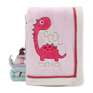廉价儿童毛绒卡通柔软毛毯幼儿粉色法兰绒毛绒婴儿毛毯带恐龙