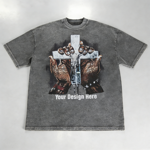 Camiseta Negra de Cuello Redondo y <span class=keywords><strong>Manga</strong></span> Corta de Algodón para Verano, Lavado Ácido, Estilo Vintage, con Impresión Digital Personalizada - Product Image 1