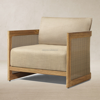 Fauteuil de salon d'extérieur en teck naturel et rotin, fauteuil club à assise profonde, mobilier rembourré pour patio, jardin, resort, villa, bord de piscine