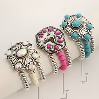 Bracelet multicouche ethnique vintage en perles, motif tête de taureau turquoise, style cowboy western, empilable