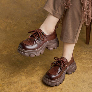 Zapatos de Plataforma con Cordones y Punta Redonda Estilo Británico Otoñal, Zapatos Casuales Ligeros de Cuero Real para Mujer, Zapatos Retro - Product Image 1