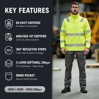 Veste de sécurité réfléchissante fluorescente SOFTSHELL, logo personnalisable, respirante, chaude, en polaire, vêtements de travail, col montant