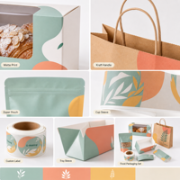 Kit d'emballage alimentaire personnalisé avec boîte à pâtisserie, sac en papier, pochette autoportante, manchon pour gobelet, autocollants et carte de menu