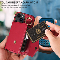 Étui de téléphone portable à bandoulière en forme d'accordéon pour iPhone 14, portefeuille 7 cartes, blocage RFID, support anneau antichoc, protection 360°