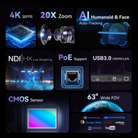 4 cámaras PTZ NDI 4K con zoom 20X y seguimiento por IA, HDMI, USB, LAN + controlador de joystick con pantalla dividida en 4 + interruptor POE
