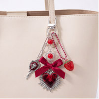 Porte-clés en métal Cœur Sacré Rouge Foncé avec Nœud et Crâne Fraise, Pendentif Breloque pour Sac à Main, Cadeau