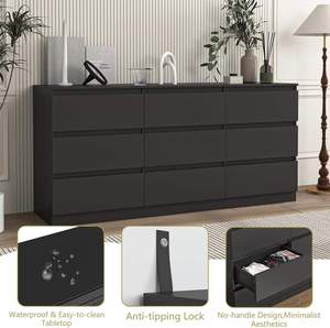 9-<strong>Drawer</strong> Modern Double Wide Wood Floating White Dresser Chest of <strong>Drawers</strong> with LED Light Living Room Hotel Cabinet - Product Image 4