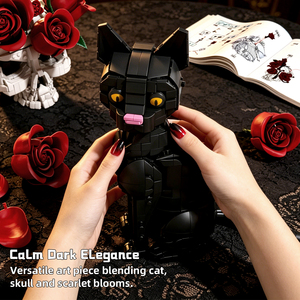 Gothic Skull <strong>Cat</strong> Building Blocks Black <strong>Cat</strong> with Red Rose Skull DIY Model Set Halloween Home Decor Unique Gift for Adults Teens - Product Image 4