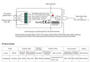 Convertitore Sunricher RF 2.4G Mesh a <span class=keywords><strong>DALI</strong></span>+0/1-10V 2 in 1 con <span class=keywords><strong>DALI</strong></span> PS 50mA integrato e relè 5A controllato tramite telecomando RF e app intelligente - Product Image 4