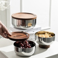 Plateau à fruits en bois d'acacia moderne et luxueux, bol en acier inoxydable à trois étages, plateau de rangement pour noix, collations et table basse