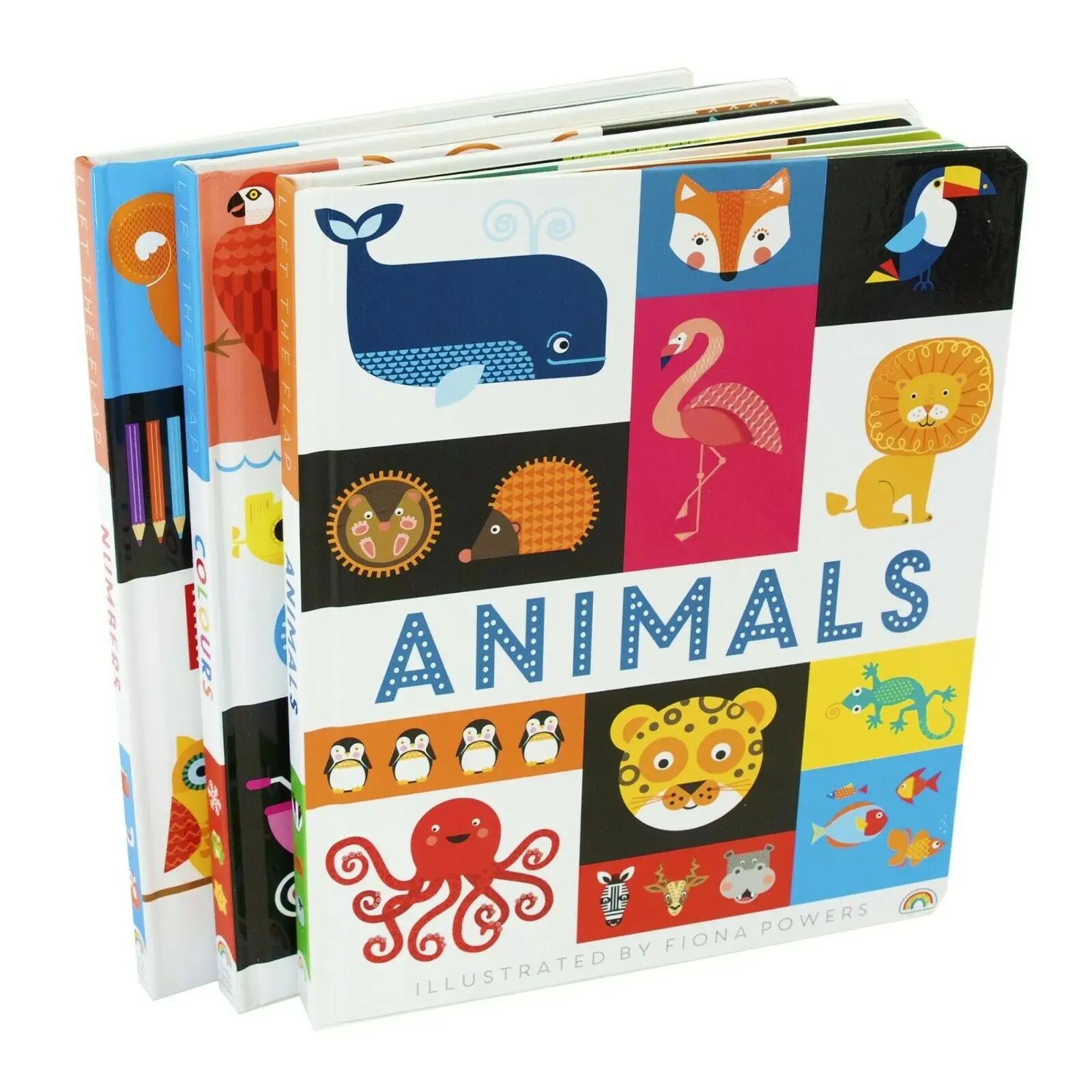 Fiona Powers Colours Animals Numbers children illustrated lift-the-flap board book for kids early learning