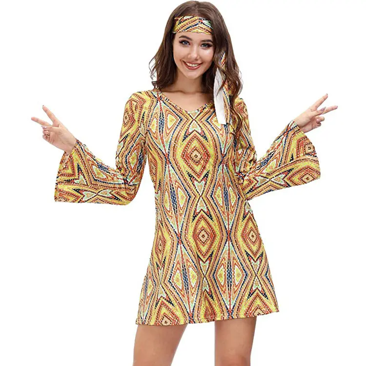 Women's Halloween Floral 1960's 1970's Hippie Costume Dress Women Hippie Costume Set Halloween Party Disco 70's Dance Costume