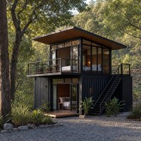 Maison mobile en acier à deux étages avec terrasse sur le toit, escalier extérieur et larges fenêtres en verre